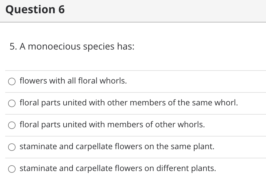 Question 6
5. A monoecious species has:
flowers with all floral whorls.
floral parts united with other members of the same whorl.
floral parts united with members of other whorls.
staminate and carpellate flowers on the same plant.
staminate and carpellate flowers on different plants.

