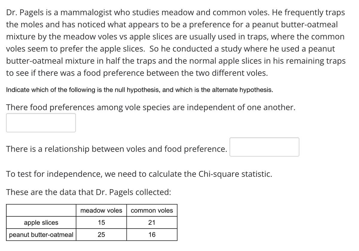 Dr. Pagels is a mammalogist who studies meadow and common voles. He frequently traps
the moles and has noticed what appears to be a preference for a peanut butter-oatmeal
mixture by the meadow voles vs apple slices are usually used in traps, where the common
voles seem to prefer the apple slices. So he conducted a study where he used a peanut
butter-oatmeal mixture in half the traps and the normal apple slices in his remaining traps
to see if there was a food preference between the two different voles.
Indicate which of the following is the null hypothesis, and which is the alternate hypothesis.
There food preferences among vole species are independent of one another.
There is a relationship between voles and food preference.
To test for independence, we need to calculate the Chi-square statistic.
These are the data that Dr. Pagels collected:
meadow voles
common voles
apple slices
15
21
peanut butter-oatmeal
25
16
