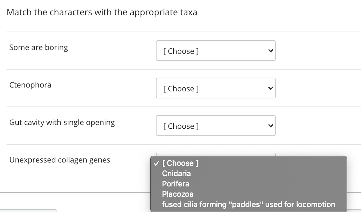 Match the characters with the appropriate taxa
Some are boring
[ Choose ]
Ctenophora
[ Choose ]
Gut cavity with single opening
[ Choose ]
Unexpressed collagen genes
V [ Choose ]
Cnidaria
Porifera
Placozoa
fused cilia forming "paddles" used for locomotion
>
>
