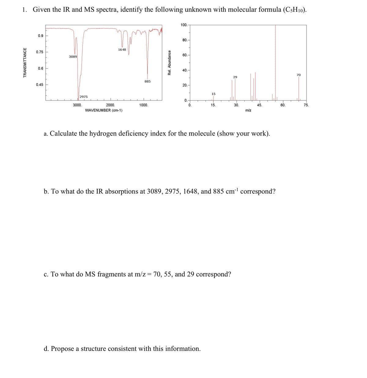 1. Given the IR and MS spectra, identify the following unknown with molecular formula (C5H10).
0.9
0.75
0.6
0.45
3089
2975
3000.
1648
2000.
WAVENUMBER (cm-1)
885
1000.
100.-
80.
60.-
40.-
20.
0.
0.
15
15.
d. Propose a structure consistent with this information.
29
c. To what do MS fragments at m/z = 70, 55, and 29 correspond?
30.
m/z
a. Calculate the hydrogen deficiency index for the molecule (show your work).
45.
b. To what do the IR absorptions at 3089, 2975, 1648, and 885 cm³¹ correspond?
60.
70
75.