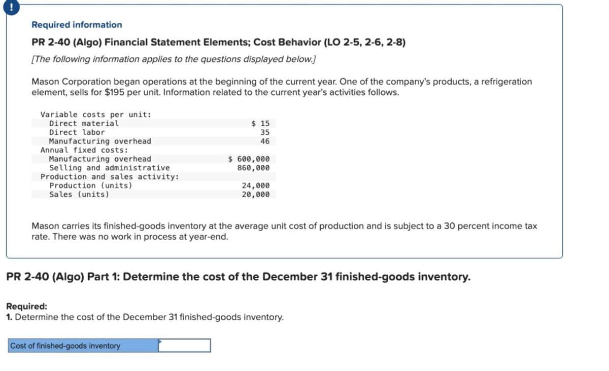 Required information
PR 2-40 (Algo) Financial Statement Elements; Cost Behavior (LO 2-5, 2-6, 2-8)
[The following information applies to the questions displayed below.]
Mason Corporation began operations at the beginning of the current year. One of the company's products, a refrigeration
element, sells for $195 per unit. Information related to the current year's activities follows.
Variable costs per unit:
Direct material
Direct labor
Manufacturing overhead.
Annual fixed costs:
Manufacturing overhead
Selling and administrative
Production and sales activity:
Production (units)
Sales (units)
$15
35
46
$ 600,000
860,000
24,000
20,000
Mason carries its finished-goods inventory at the average unit cost of production and is subject to a 30 percent income tax
rate. There was no work in process at year-end.
Cost of finished-goods inventory
PR 2-40 (Algo) Part 1: Determine the cost of the December 31 finished-goods inventory.
Required:
1. Determine the cost of the December 31 finished-goods inventory.