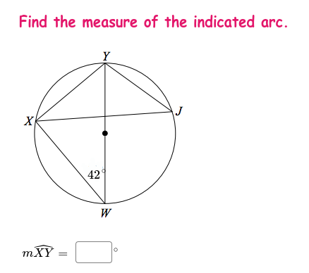 Find the measure of the indicated arc.
Y
42
W
mXY
