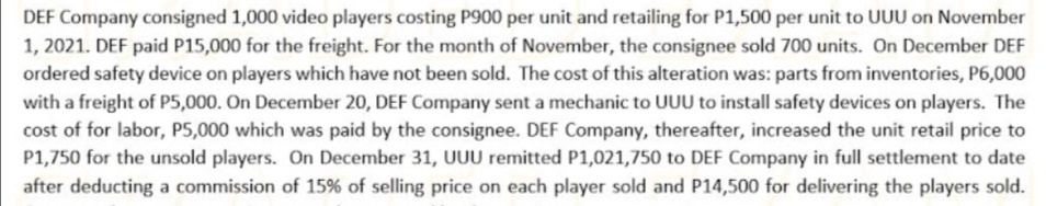 DEF Company consigned 1,000 video players costing P900 per unit and retailing for P1,500 per unit to UUU on November
1, 2021. DEF paid P15,000 for the freight. For the month of November, the consignee sold 700 units. On December DEF
ordered safety device on players which have not been sold. The cost of this alteration was: parts from inventories, P6,000
with a freight of P5,000. On December 20, DEF Company sent a mechanic to UUU to install safety devices on players. The
cost of for labor, P5,000 which was paid by the consignee. DEF Company, thereafter, increased the unit retail price to
P1,750 for the unsold players. On December 31, UUU remitted P1,021,750 to DEF Company in full settlement to date
after deducting a commission of 15% of selling price on each player sold and P14,500 for delivering the players sold.
