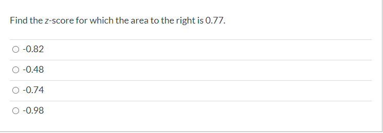 Find the z-score for which the area to the right is 0.77.
O -0.82
O -0.48
O -0.74
O -0.98
