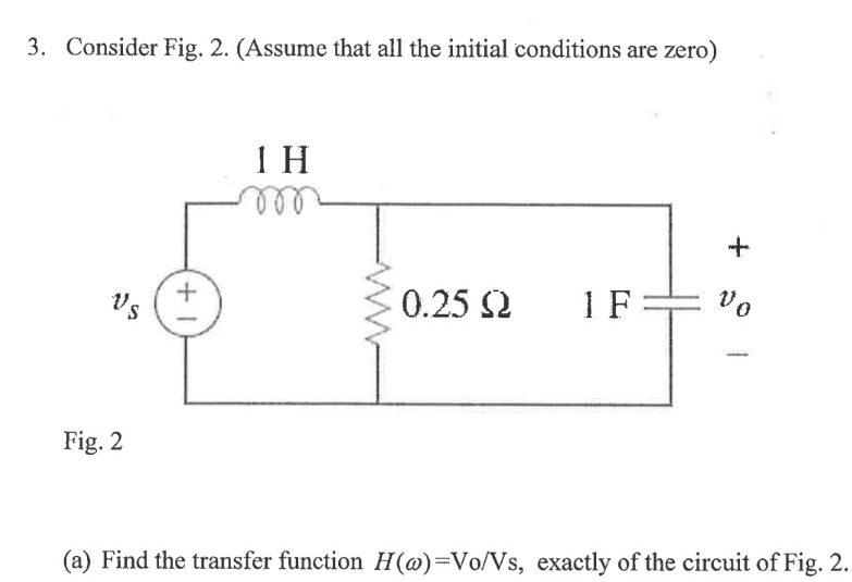 3. Consider Fig. 2. (Assume that all the initial conditions are zero)
Vs
Fig. 2
+1
1 H
oor
0.25 Ω
1F=
+
vo
(a) Find the transfer function H(@)-Vo/Vs, exactly of the circuit of Fig. 2.