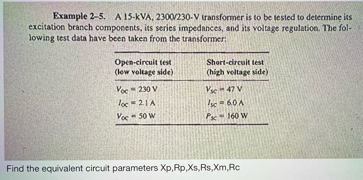 Example 2-5. A 15-kVA, 2300/230-V transformer is to be tested to determine its
excitation branch components, its series impedances, and its voltage regulation. The fol-
lowing test data have been taken from the transformer:
Open-circuit test
(low voltage side)
Voc 230 V
loc= 2.1 A
Voc = 50 w
Short-circuit test
(high voltage side)
Vsc = 47 V
sc = 6.0 A
Psc 160 W
Find the equivalent circuit parameters Xp,Rp,Xs, Rs, Xm,Rc