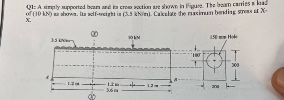 Q1: A simply supported beam and its cross section are shown in Figure. The beam carries a load
of (10 kN) as shown. Its self-weight is (3.5 kN/m). Calculate the maximum bending stress at X-
X.
3.5 kN/m
1.2 m
B
1
10 kN
1.2 m 1.2 m
3.6 m
100
T
150 mm Hole
T
300
200
200 --