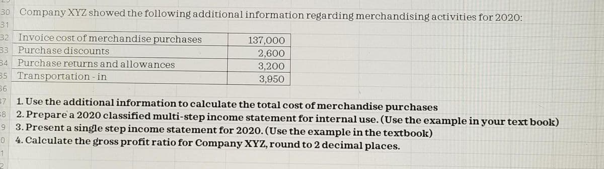30 Company XYZ showed the following additional information regarding merchandising activities for 2020:
31
32 Invoice cost of merchandise purchases
33 Purchase discounts
34 Purchase returns and allowances
35 Transportation - in
36
1. Use the additional information to calculate the total cost of merchandise purchases
38 2. Prepare'a 2020 classified multi-step income statement for internal use. (Use the example in your text book)
=9 3. Present a single step income statement for 2020. (Use the example in the textbook)
4. Calculate the gross profit ratio for Company XYZ, round to 2 decimal places.
137,000
2,600
3,200
3,950
37
1
