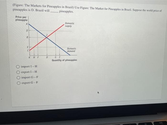 (Figure: The Markets for Pineapples in Brazil) Use Figure: The Market for Pineapples in Brazil. Suppose the world price of
pineapples is D. Brazil will,
-pineapples.
Price per
pineapple
Domestic
supply
Domestic
demand
KHF
GI
Quantity of pineapples
import I- H
export I- H
import G-F
export G-F
43

