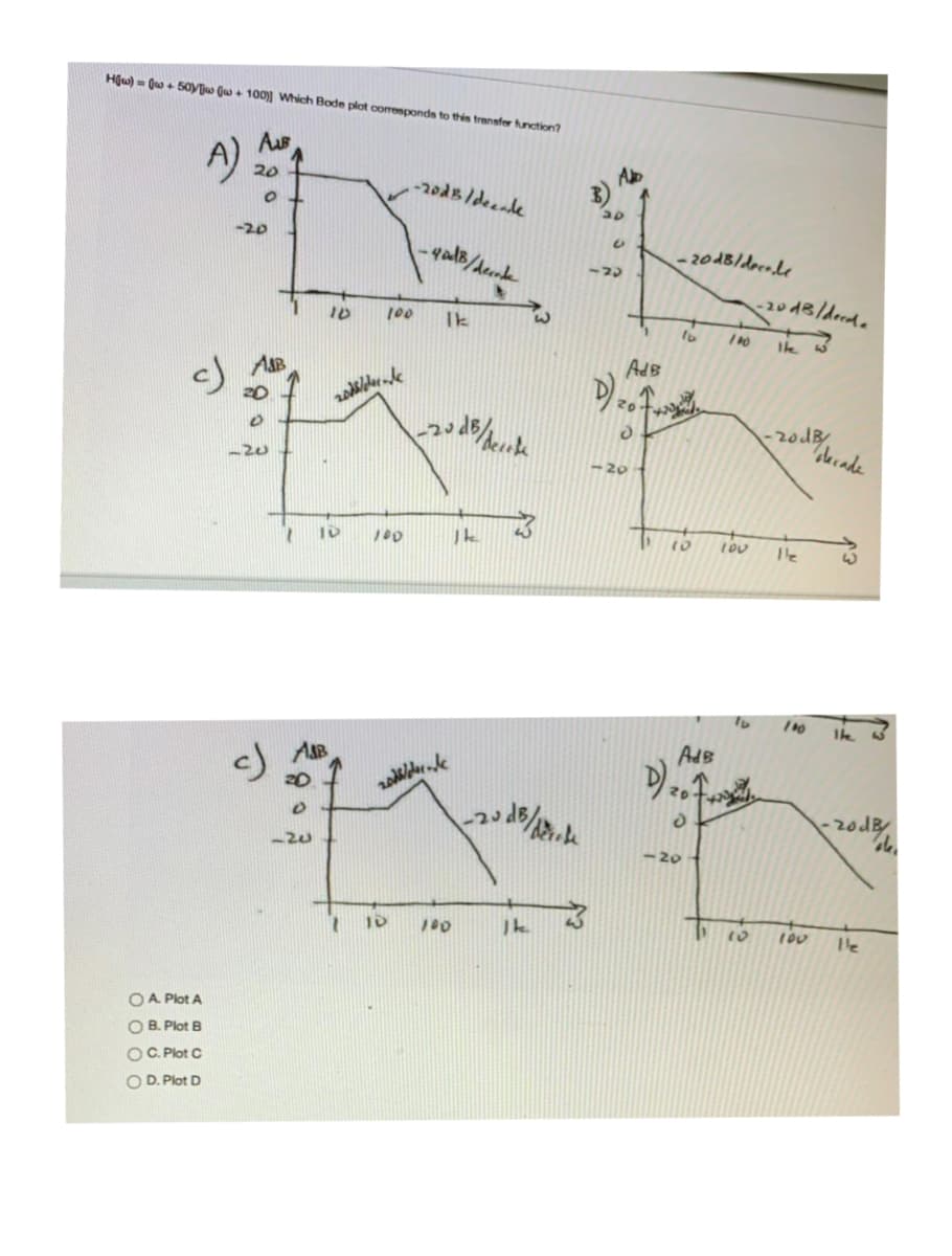 Hju) = Quo + 50Vw (us+ 10o0) Which Bode plot comresponds to this transfer function?
Aus
A)
20
-2odB/deeade
-20
-201B/decole
-20
-2018/decda
10
100
Ik
ASB
AdB
c)
20
-20dB
ecade
-20
-20
100
AdB
c)
-2odB
-20
100
1o
OA Plot A
O B. Plot B
OC. Plot C
O D. Plot D
