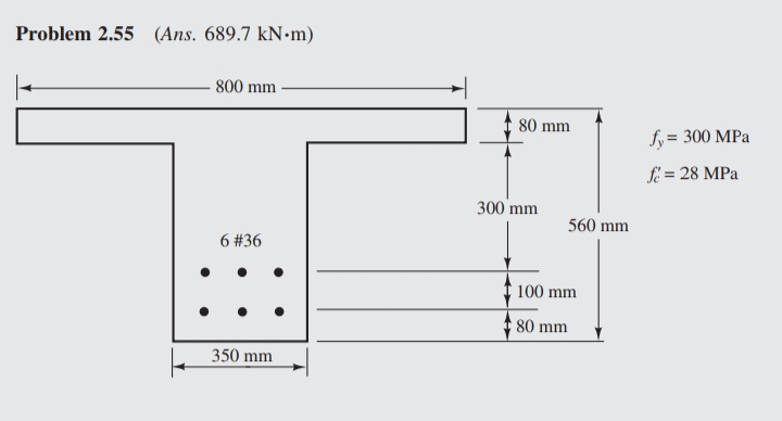 Problem 2.55 (Ans. 689.7 kN.m)
800 mm
6 #36
350 mm
80 mm
300 mm
560 mm
100 mm
€80 mm
fy = 300 MPa
f = 28 MPa