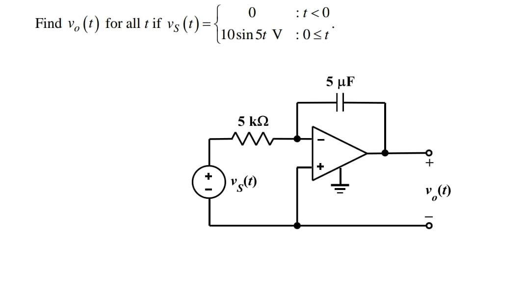 :t<0
Find vo
(t) for all t if vs (t)=-
|10sin 5t V : 0<t'
5 μF
5 k2
*) "s()
",()
