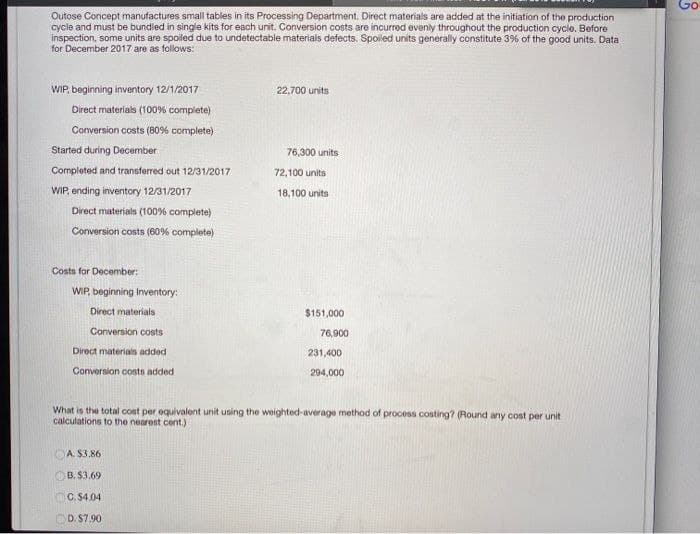 Outose Concept manufactures small tables in its Processing Department. Direct materials are added at the initiation of the production
cycle and must be bundled in single kits for each unit. Conversion costs are incurred evenly throughout the production cycle. Before
inspection, some units are spoiled due to undetectable materials defects. Spoiled units generally constitute 3% of the good units. Data
for December 2017 are as follows:
WIP, beginning inventory 12/1/2017
Direct materials (100% complete)
Conversion costs (80% complete)
Started during December
Completed and transferred out 12/31/2017
WIP, ending inventory 12/31/2017
Direct materials (100% complete)
Conversion costs (60% complete)
Costs for December:
WIP, beginning Inventory:
Direct materials
Conversion costs
Direct materials added
Conversion costs added
22,700 units
A. $3.86
B. $3.69
C. $4.04
D. $7.90
76,300 units
72,100 units
18,100 units
$151,000
76,900
231,400
294,000
What is the total cost per equivalent unit using the weighted-average method of process costing? (Round any cost per unit
calculations to the nearest cont.)
Go