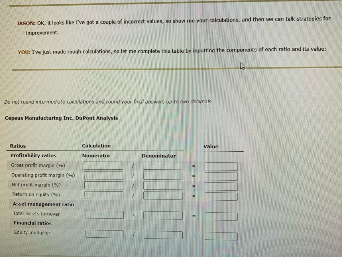 JASON: OK, it looks like I've got a couple of incorrect values, so show me your calculations, and then we can talk strategies for
improvement.
YOU: I've just made rough calculations, so let me complete this table by inputting the components of each ratio and its value:
Do not round intermediate calculations and round your final answers up to two decimals.
Cepeus Manufacturing Inc. DuPont Analysis
Ratios
Profitability ratios
Gross profit margin (%)
Operating profit margin (%)
Net profit margin (%)
Return on equity (%)
Asset management ratio
Total assets turnover
Financial ratios
Equity multiplier
Calculation
Numerator
Denominator
Value
TITLO