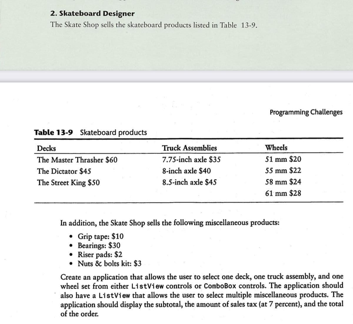 2. Skateboard Designer
The Skate Shop sells the skateboard products listed in Table 13-9.
Table 13-9 Skateboard products
Decks
The Master Thrasher $60
The Dictator $45
The Street King $50
Truck Assemblies
7.75-inch axle $35
8-inch axle $40
8.5-inch axle $45
• Riser pads: $2
• Nuts & bolts kit: $3
Programming Challenges
Wheels
51 mm $20
55 mm $22
58 mm $24
61 mm $28
In addition, the Skate Shop sells the following miscellaneous products:
• Grip tape: $10
●
Bearings: $30
Create an application that allows the user to select one deck, one truck assembly, and one
wheel set from either ListView controls or ComboBox controls. The application should
also have a ListView that allows the user to select multiple miscellaneous products. The
application should display the subtotal, the amount of sales tax (at 7 percent), and the total
of the order.