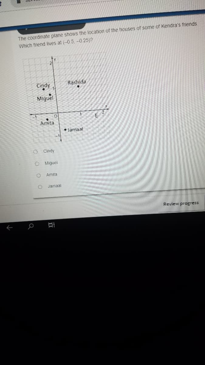 The coordinate plane shows the location of the houses of some of Kendra's friends
Which friend lives at (-0.5, -0.25)?
Cindy
Rashida
Miguel
Amita
• Jamaal
Cindy
O Miguel
Amita
Jamaal
Review progress
立
