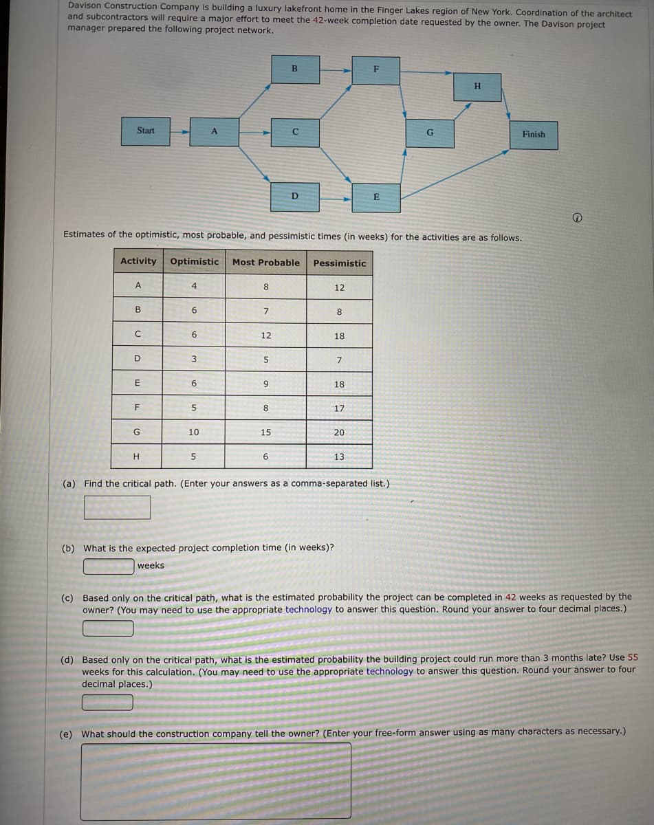 Davison Construction Company is building a luxury lakefront home in the Finger Lakes region of New York. Coordination of the architect
and subcontractors will require a major effort to meet the 42-week completion date requested by the owner. The Davison project
manager prepared the following project network.
H
Start
A
Finish
E
Estimates of the optimistic, most probable, and pessimistic times (in weeks) for the activities are as follows.
Activity
Optimistic
Most Probable
Pessimistic
A
4.
8
12
В
6.
8
12
18
D
3
5
7
18
8
17
G
10
15
20
H
5
13
(a) Find the critical path. (Enter your answers as a comma-separated list.)
(b) What is the expected project completion time (in weeks)?
weeks
(c) Based only on the critical path, what is the estimated probability the project can be completed in 42 weeks as requested by the
owner? (You may need to use the appropriate technology to answer this question. Round your answer to four decimal places.)
(d) Based only on the critical path, what is the estimated probability the building project could run more than 3 months late? Use 55
weeks for this calculation. (You may need to use the appropriate technology to answer this question. Round your answer to four
decimal places.)
(e) What should the construction company tell the owner? (Enter your free-form answer using as many characters as necessary.)
