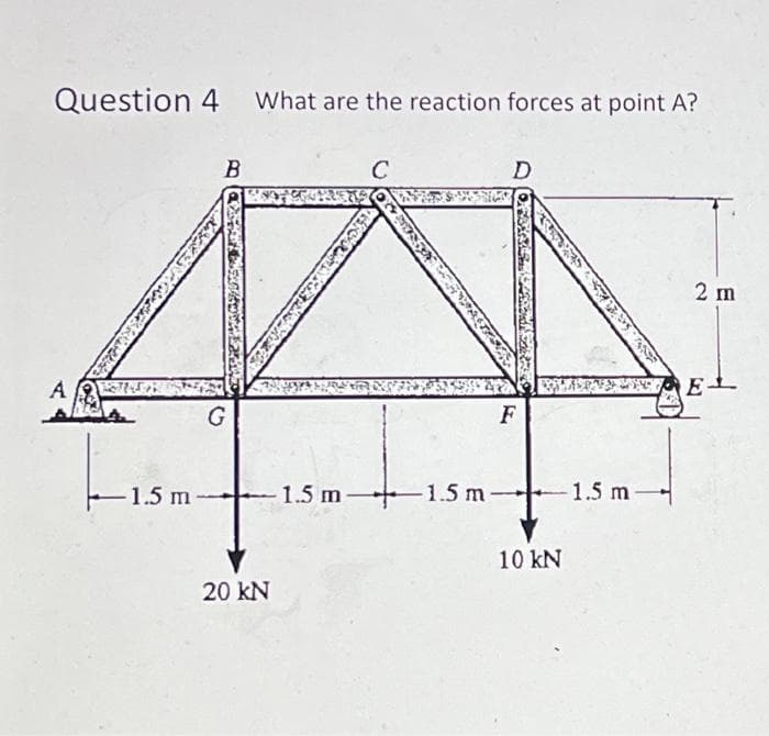 Question 4 What are the reaction forces at point A?
A
TOTALA
1.5 m
B
G
20 kN
1.5 m
C
-1.5 m-
D
F
10 kN
1.5 m
2 m
EL