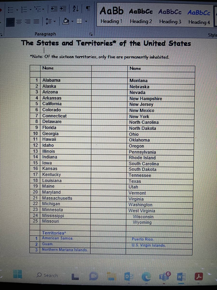 FELT
Paragraph
F
The States and Territories of the United States
*Note: Of the sixteen territories, only five are permanently inhabited.
Name
ZMY
1 Alabama
2 Alaska
3 Arizona
4 Arkansas
5 California
6 Colorado
7 Connecticut
8 Delaware
9 Florida
10 Georgia
11 Hawaii
12 Idaho
13 Illinois
14 Indiana
15 lowa
16 Kansas
17 Kentucky
18 Louisiana
19 Maine
20 Maryland
21 Massachusetts
22 Michigan
23 Minnesota
24 Mississippi
25 Missouri
AaBb AaBbcc AaBbCc AaBb Cc
Heading 1
Heading 2 Heading 3
Heading 4
Territories*
1 American Samoa.
2 Guam.
3 Northern Mariana Islands.
Search
LOL
Name
Montana
Nebraska
Nevada
New Hampshire
New Jersey
New Mexico
New York
North Carolina
North Dakota
Ohio
Oklahoma
Oregon
Pennsylvania
Rhode Island
South Carolina
South Dakota
Tennessee
Texas
Utah
Vermont
Virginia
Washington
West Virginia
Wisconsin
Wyoming
Puerto Rico.
U.S. Virgin Islands.
Style