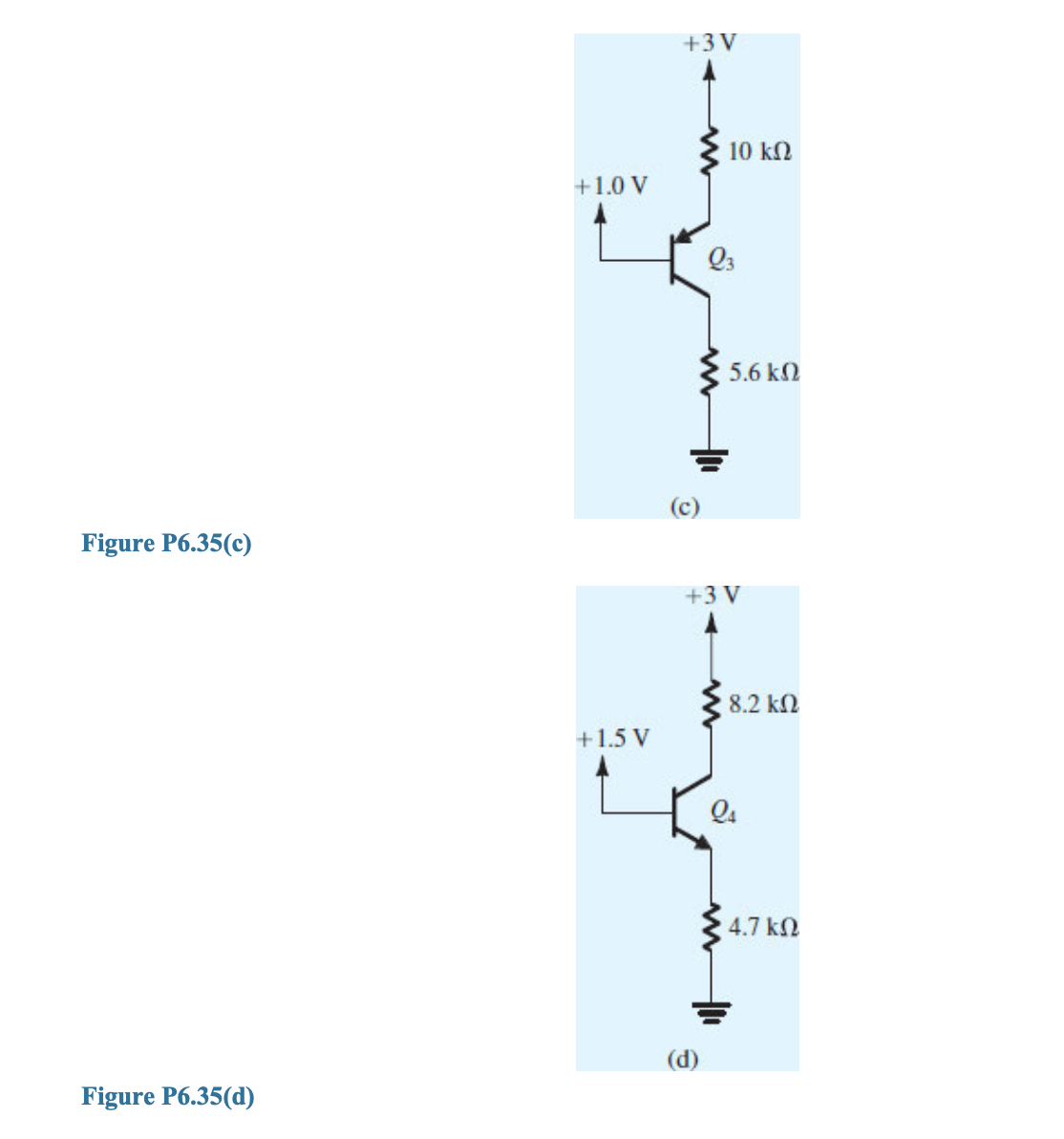 Figure P6.35(c)
Figure P6.35(d)
+10V
+15V
+3V
10 ΚΩ
(d)
Q3
5.6 ΚΩ
+3V
8.2 ΚΩ
Ο
4.7 ΚΩ