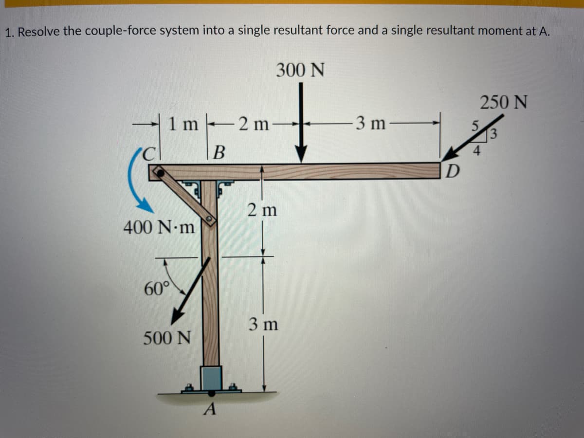 1. Resolve the couple-force system into a single resultant force and a single resultant moment at A.
1m2m
B
400 N·m
60°
500 N
A
300 N
2 m
3 m
↓
-3 m-
D
250 N