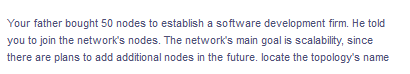 Your father bought 50 nodes to establish a software development firm. He told
you to join the network's nodes. The network's main goal is scalability, since
there are plans to add additional nodes in the future. locate the topology's name
