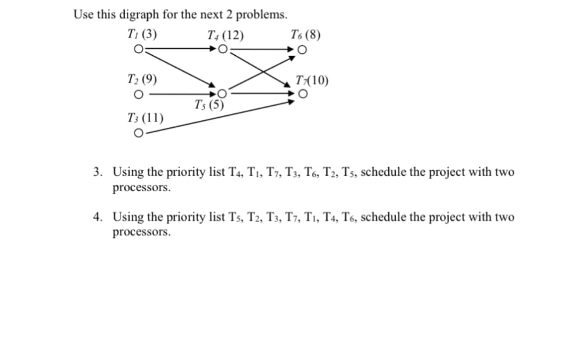 Use this digraph for the next 2 problems.
Ti (3)
T4 (12)
T6 (8)
○
T₂ (9)
T7(10)
T5 (5)
T3 (11)
3. Using the priority list T4, T1, T7, T3, T6, T2, Ts, schedule the project with two
processors.
4. Using the priority list T5, T2, T3, T7, T1, T4, T6, schedule the project with two
processors.