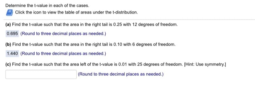 Determine the t-value in each of the cases.
Click the icon to view the table of areas under the t-distribution.
(a) Find the t-value such that the area in the right tail is 0.25 with 12 degrees of freedom.
0.695 (Round to three decimal places as needed.)
(b) Find the t-value such that the area in the right tail is 0.10 with 6 degrees of freedom.
1.440 (Round to three decimal places as needed.)
(c) Find the t-value such that the area left of the t-value is 0.01 with 25 degrees of freedom. [Hint: Use symmetry.]
(Round to three decimal places as needed.)
