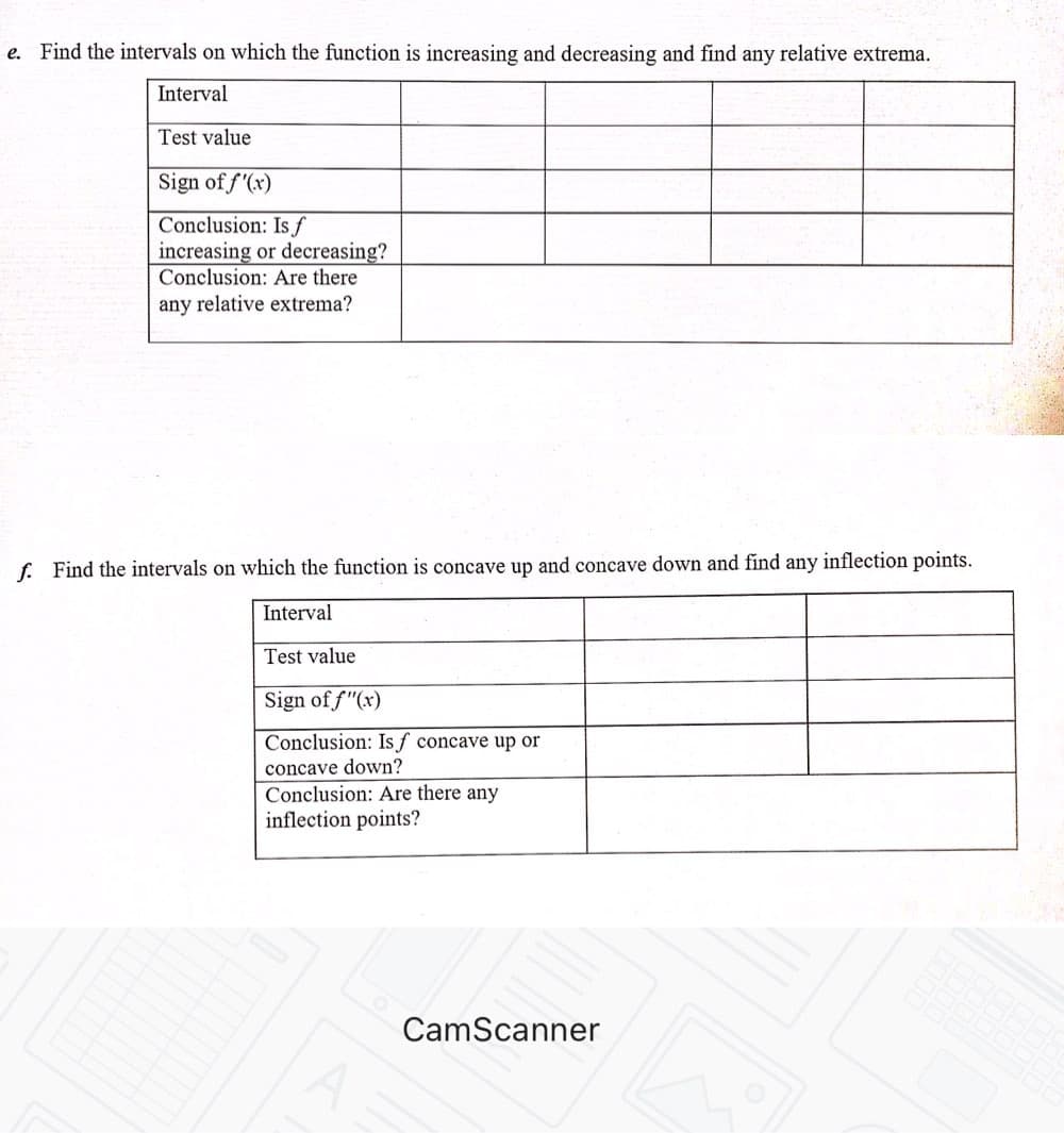 e. Find the intervals on which the function is increasing and decreasing and find any relative extrema.
Interval
Test value
Sign of f'(x)
Conclusion: Is f
increasing or decreasing?
Conclusion: Are there
any relative extrema?
f. Find the intervals on which the function is concave up and concave down and find any inflection points.
Interval
Test value
Sign of f"(x)
Conclusion: Is f concave up or
concave down?
Conclusion: Are there any
inflection points?
CamScanner
