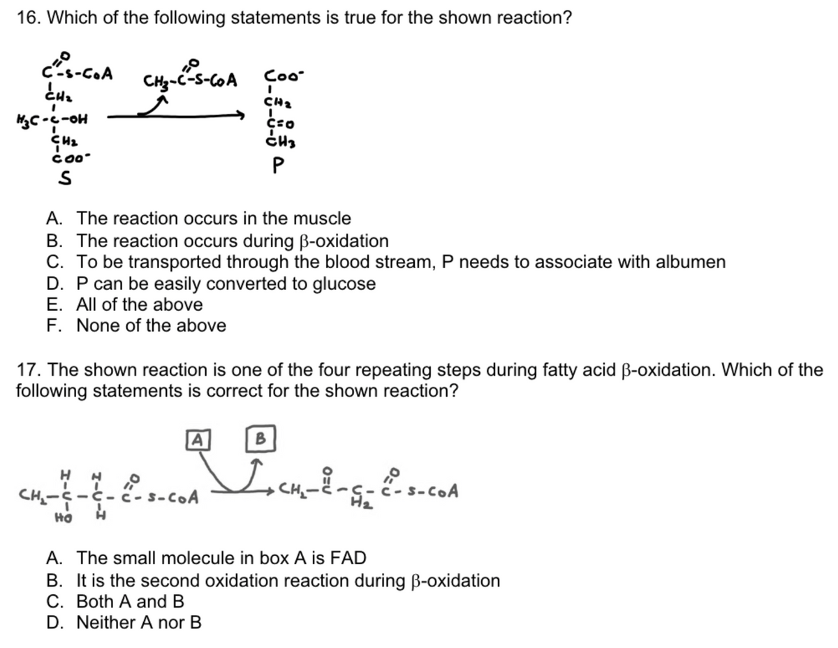 16. Which of the following statements is true for the shown reaction?
C²-S-CoA CH₂-C-S-COA çoo-
CH₂
CH ₂
H₂C-C-OH
CH₂
COO
S
A. The reaction occurs in the muscle
B. The reaction occurs during B-oxidation
C. To be transported through the blood stream, P needs to associate with albumen
D. P can be easily converted to glucose
E. All of the above
F. None of the above
17. The shown reaction is one of the four repeating steps during fatty acid ß-oxidation. Which of the
following statements is correct for the shown reaction?
H
C=O
CH3
P
HO H
A
s-CoA
B
I+CH₂-8-5-C²-S-COA
A. The small molecule in box A is FAD
B. It is the second oxidation reaction during B-oxidation
C. Both A and B
D. Neither A nor B