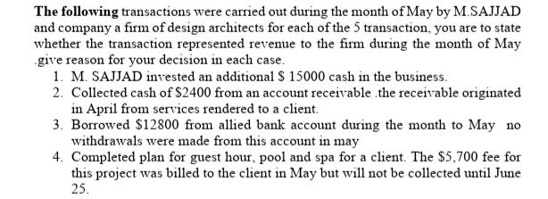 The following transactions were carried out during the month of May by M.SAJJAD
and company a firm of design architects for each of the 5 transaction, you are to state
whether the transaction represented revenue to the firm during the month of May
give reason for your decision in each case.
1. M. SAJJAD invested an additional $ 15000 cash in the business.
2. Collected cash of $2400 from an account receivable the receivable originated
in April from services rendered to a client.
3. Borrowed $12800 from allied bank account during the month to May no
withdrawals were made from this account in may
4. Completed plan for guest hour, pool and spa for a client. The $5,700 fee for
this project was billed to the client in May but will not be collected until June
25.
