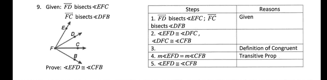 9. Given: FD bisects «EFC
Steps
1. FD bisects «EFC; FC
Reasons
FC bisects <DFB
Given
bisects DFB
E
2. KEFD = «DFC,
DFC = «CFB
Definition of Congruent
Transitive Prop
3.
B
4. m<EFD= m«CFB
5. KEFD = <CFB
Prove: *EFD=«CFB
