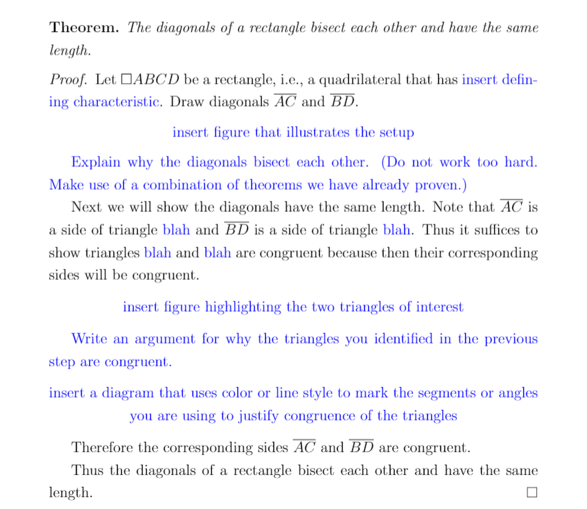 Theorem. The diagonals of a rectangle bisect each other and have the same
length.
Proof. Let DABCD be a rectangle, i.e., a quadrilateral that has insert defin-
ing characteristic. Draw diagonals AC and BD.
insert figure that illustrates the setup
Explain why the diagonals bisect each other. (Do not work too hard.
Make use of a combination of theorems we have already proven.)
Next we will show the diagonals have the same length. Note that AC is
a side of triangle blah and BD is a side of triangle blah. Thus it suffices to
show triangles blah and blah are congruent because then their corresponding
sides will be congruent.
insert figure highlighting the two triangles of interest
Write an argument for why the triangles you identified in the previous
step are congruent.
insert a diagram that uses color or line style to mark the segments or angles
you are using to justify congruence of the triangles
Therefore the corresponding sides AC and BD are congruent.
Thus the diagonals of a rectangle bisect each other and have the same
length.

