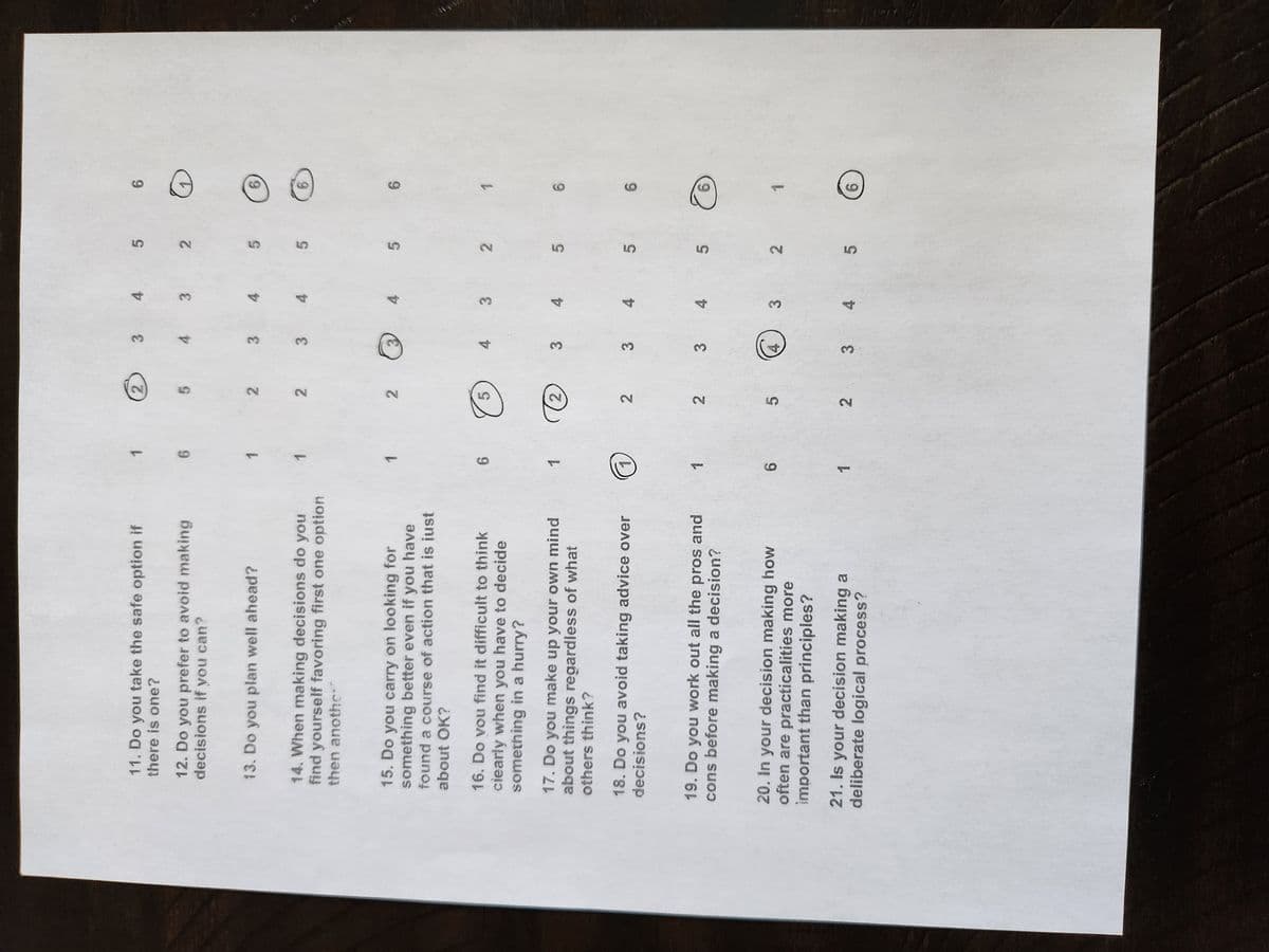 11. Do you take the safe option if
there is one?
12. Do you prefer to avoid making
decisions if you can?
13. Do you plan well ahead?
14. When making decisions do you
find yourself favoring first one option
then another
15. Do you carry on looking for
something better even if you have
found a course of action that is just
about OK?
16. Do you find it difficult to think
clearly when you have to decide
something in a hurry?
17. Do you make up your own mind
about things regardless of what
others think?
18. Do you avoid taking advice over
decisions?
19. Do you work out all the pros and
cons before making a decision?
20. In your decision making how
often are practicalities more
important than principles?
21. Is your decision making a
deliberate logical process?
อ
1
6
1
1
1
6
1
2
2 3
2
2 3
5
2
2
2
3
5
4 3
Ⓡ
4
4 3
3
3
4
3 4
4
3
2 3 4
5
2
5
5
2
5
5
5
2
6
O
6)
6
6
1
6
6
6
6