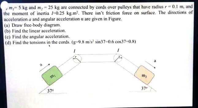 m;= 5 kg and m, = 25 kg are connected by cords over pulleys that have radius r= 0.1 m, and
the moment of inertia I-0.25 kg.m². There isn't friction force on surface. The directions of
acceleration a and angular acceleration a are given in Figure.
(a) Draw free-body diagram.
(b) Find the linear acceleration.
(c) Find the angular acceleration.
(d) Find the tensions in the cords. (g=9,8 m/s² sin37=0.6 cos37=0.8)
m
m,
37°
37°
