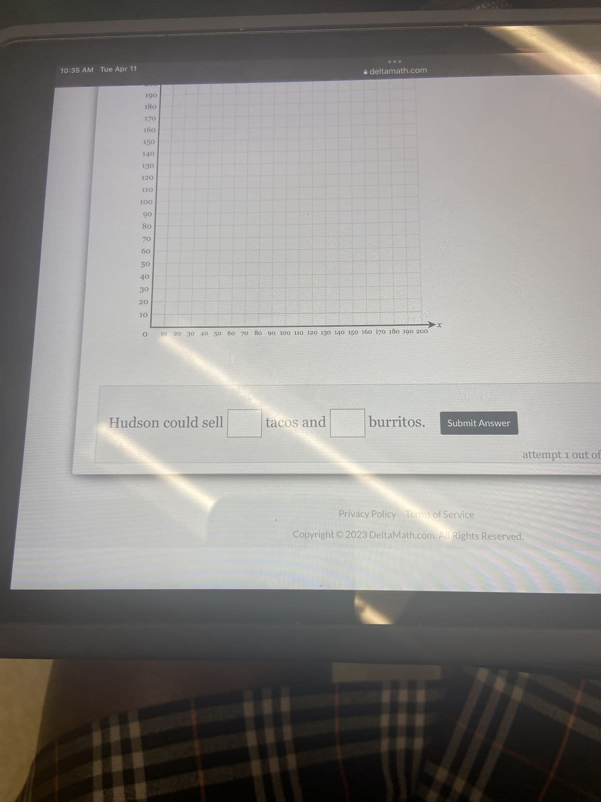 10:35 AM Tue Apr 11
190
180
170
160
150
140
130
120
110
100
90
80
70
60
50
40
30
20
10
O
10
20 30 40 50 60 70 80 90 100 110 120 130 140 150 160 170 180 190 200
Hudson could sell
a deltamath.com
tacos and
X
burritos. Submit Answer
attempt 1 out of
Privacy Policy Terms of Service
Copyright © 2023 DeltaMath.com. All Rights Reserved.