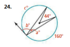 ### Geometry Problem: Angles in a Circle

#### Problem Statement:
Given a circle with a triangle inscribed within it, the following angles are provided:
- An interior angle within the triangle is 44°.
- One of the angles outside the triangle but subtending the same arc as the triangle is 160°.
- The angle \(a^\circ\) lies outside the circle and forms the complementary angle to one side of the triangle.
- The angle \(b^\circ\) is the exterior angle adjacent to \(a^\circ\).
- The angle \(c^\circ\) is formed by the arc opposite the interior angle of 44°.

#### Diagram Explanation:
1. A circle with a triangle inscribed.
2. The interior angle of the triangle within the circle is 44°.
3. An angle outside the circle (but subtending the same arc as the interior angle) is given as 160°.
4. The angles \(a^\circ\), \(b^\circ\), and \(c^\circ\) are marked on the figure, where:
   - \(a^\circ\) is an angle formed outside the circle.
   - \(b^\circ\) is adjacent to \(a^\circ\).
   - \(c^\circ\) is the angle subtended by the arc opposite the 44° interior angle.

#### Key Concepts:
1. **Central Angle Theorem**: The angle \(\angle c^\circ\) at the center of the circle is twice the angle subtended at the circumference (44°), which means \(\angle c = 88°\).
2. **Exterior Angles**: The exterior angle \(b^\circ\) plus angle \(a^\circ\) equals 160°.

**Note**: Ensure to use these angles appropriately to solve the geometric relations and properties derived from the circle theorems.