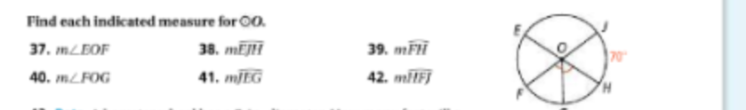 Find each indicated measure for 0.
37. m/EOF
38. mEJH
40. m/FOG
41. m/EG
39. mFH
42. m/FJ
O
70
H