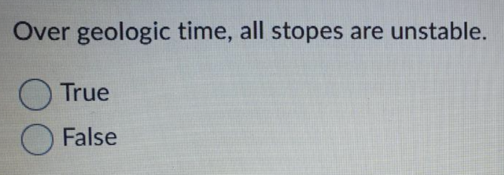 Over geologic time, all stopes are unstable.
True
False