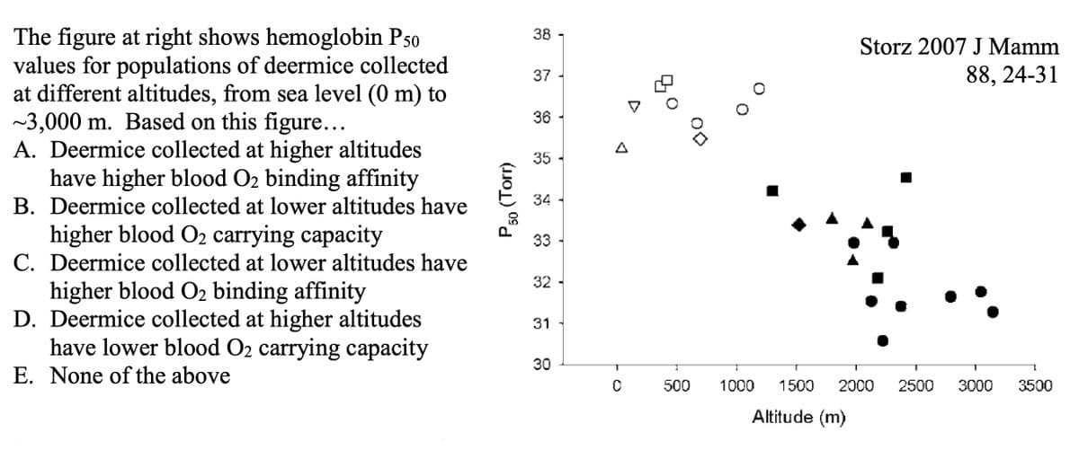 The figure at right shows hemoglobin P50
values for populations of deermice collected
at different altitudes, from sea level (0 m) to
~3,000 m. Based on this figure...
A. Deermice collected at higher altitudes
have higher blood O2 binding affinity
B. Deermice collected at lower altitudes have
higher blood O2 carrying capacity
C. Deermice collected at lower altitudes have
higher blood O2 binding affinity
D. Deermice collected at higher altitudes
have lower blood O₂ carrying capacity
E. None of the above
(Torr)
P50
38
37
36
35
34
33
32
31
30
0
500
Storz 2007 J Mamm
88, 24-31
1000 1500 2000
Altitude (m)
2500
3000
I
3500