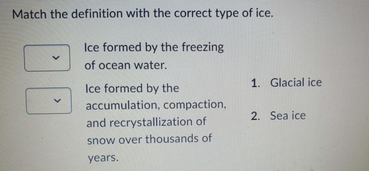 Match the definition with the correct type of ice.
Y
Ice formed by the freezing
of ocean water.
Ice formed by the
accumulation, compaction,
and recrystallization of
snow over thousands of
years.
1. Glacial ice
2. Sea ice