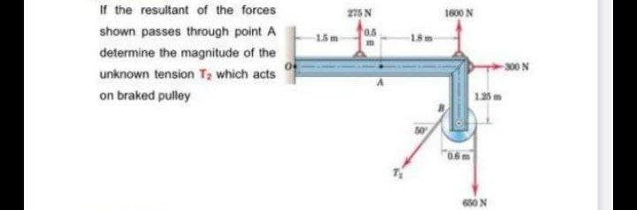 If the resultant of the forces
275 N
1600 N
shown passes through point A
0,
15m
18m
determine the magnitude of the
300 N
unknown tension T, which acts
on braked pulley
1.25m
