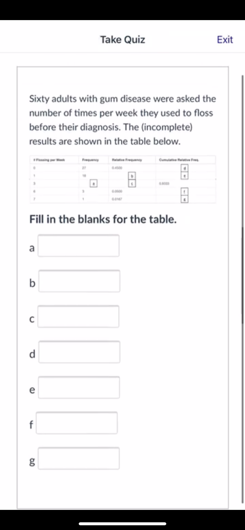 Take Quiz
Exit
Sixty adults with gum disease were asked the
number of times per week they used to floss
before their diagnosis. The (incomplete)
results are shown in the table below.
Relaive freny
Cumatie ve Fre
Fill in the blanks for the table.
a
d.
e
f
00
