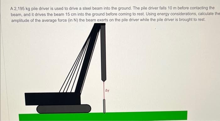 A 2,195 kg pile driver is used to drive a steel beam into the ground. The pile driver falls 10 m before contacting the
beam, and it drives the beam 15 cm into the ground before coming to rest. Using energy considerations, calculate them
amplitude of the average force (in N) the beam exerts on the pile driver while the pile driver is brought to rest.
Ay