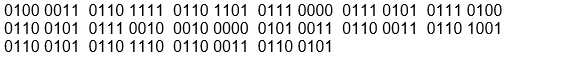 0100 0011 0110 1111 0110 1101 0111 0000 0111 0101 0111 0100
0110 0101 0111 0010 0010 0000 0101 0011 0110 0011 0110 1001
0110 0101 0110 1110 0110 0011 0110 0101
