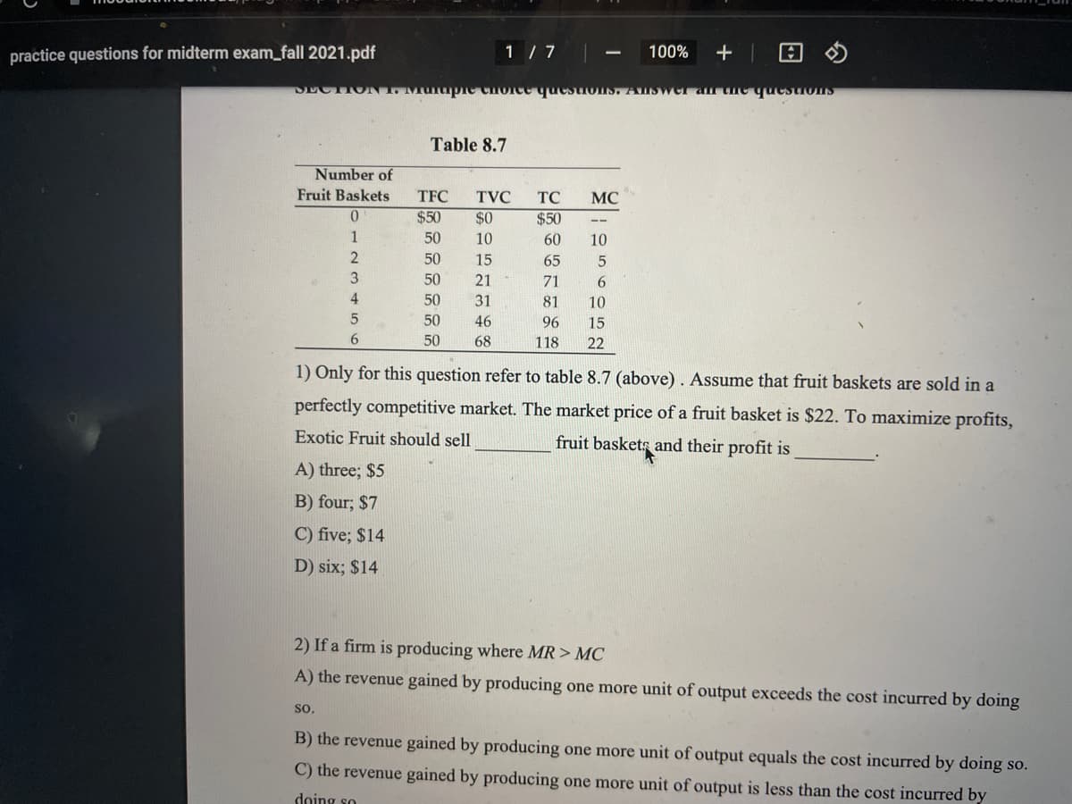 practice questions for midterm exam_fall 2021.pdf
1 / 7
100%
Table 8.7
Number of
Fruit Baskets
TFC
TVC
TC
MC
$50
$0
$50
1
50
10
60
10
50
15
65
50
21
71
4
50
31
81
10
50
46
96
15
6.
50
68
118
22
1) Only for this question refer to table 8.7 (above) . Assume that fruit baskets are sold in a
perfectly competitive market. The market price of a fruit basket is $22. To maximize profits,
Exotic Fruit should sell
fruit baskets and their profit is
A) three; $5
B) four; $7
C) five; $14
D) six; $14
2) If a firm is producing where MR > MC
A) the revenue gained by producing one more unit of output exceeds the cost incurred by doing
so.
B) the revenue gained by producing one more unit of output equals the cost incurred by doing so.
C) the revenue gained by producing one more unit of output is less than the cost incurred by
doing so
