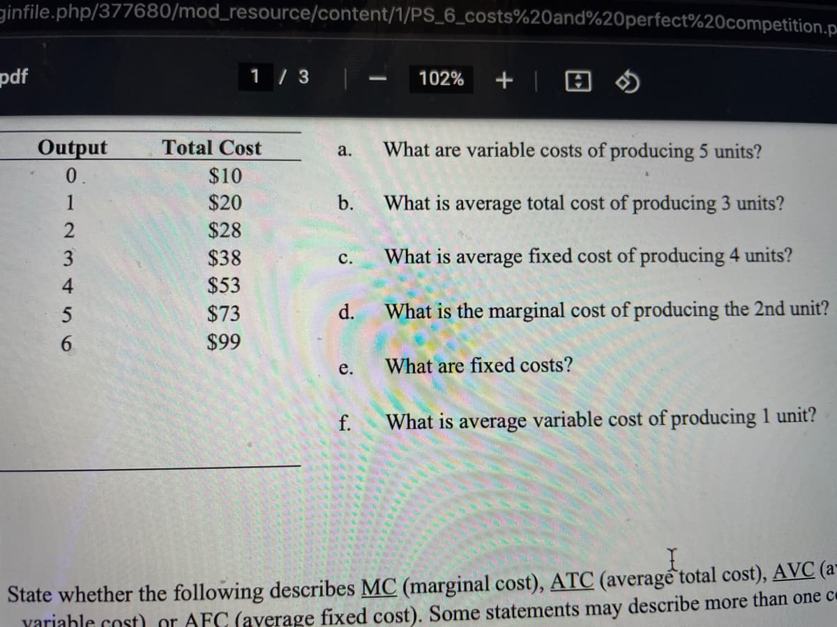 ginfile.php/377680/mod_resource/content/1/PS_6_costs%20and%20perfect%20competition.p-
pdf
1 / 3
+ |
田の
102%
Output
Total Cost
What are variable costs of producing 5 units?
a.
$10
$20
b.
What is average total cost of producing 3 units?
$28
What is average fixed cost of producing 4 units?
$38
$53
с.
$73
d.
What is the marginal cost of producing the 2nd unit?
$99
е.
What are fixed costs?
What is average variable cost of producing 1 unit?
State whether the following describes MC (marginal cost), ATC (average total cost), AVC (a-
Yariahle cost) or AFC (ayerage fixed cost). Some statements may describe more than one c«
f.
0120 456
