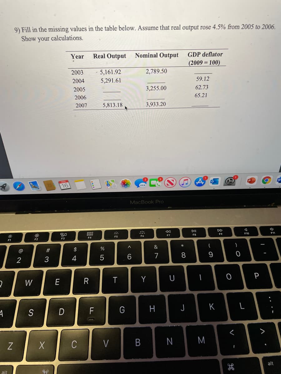 9) Fill in the missing values in the table below. Assume that real output rose 4.5% from 2005 to 2006.
Show your calculations.
Year
Real Output
Nominal Output
GDP deflator
(2009 = 100)
2003
5,161.92
2,789.50
2004
5,291.61
59.12
2005
3,255.00
62.73
65.21
2006
2007
5,813.18
3,933.20
16
MacBook Pro
DII
DD
F9
F10
F11
F7
F8
F5
F4
F3
F1
F2
&
@
#3
2$
4
5
6.
7
P
W
E
T
Y
S
D
F
G
H
K
Z
CV
B
M
alt
alt
.. . -
* 00
