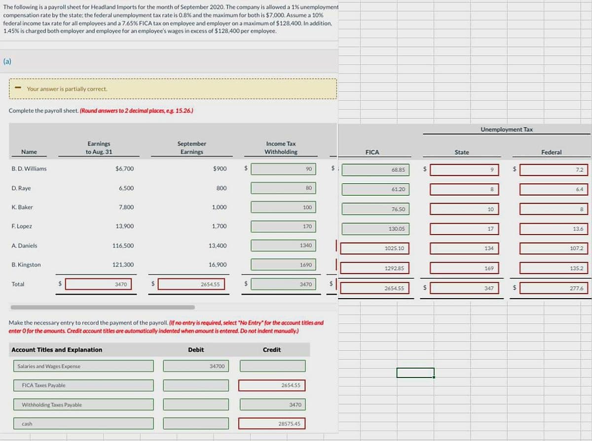 The following is a payroll sheet for Headland Imports for the month of September 2020. The company is allowed a 1% unemployment
compensation rate by the state; the federal unemployment tax rate is 0.8% and the maximum for both is $7.000. Assume a 10%
federal income tax rate for all employees and a 7.65% FICA tax on employee and employer on a maximum of $128,400. In addition,
1.45% is charged both employer and employee for an employee's wages in excess of $128,400 per employee.
(a)
Your answer is partially correct.
Complete the payroll sheet. (Round answers to 2 decimal places, eg. 15.26.)
Name
B. D. Williams
D. Raye
K. Baker
F.Lopez
A. Daniels
B. Kingston
Total
Account Titles and Explanation
Salaries and Wages Expense
FICA Taxes Payable
Earnings
to Aug. 31
Withholding Taxes Payable
cash
$6,700
6,500
7,800
13,900
116,500
121,300
3470
September
Earnings
$900
800
Debit
1,000
1,700
13,400
16,900
2654.55
$
34700
$
Income Tax
Withholding
Make the necessary entry to record the payment of the payroll. (If no entry is required, select "No Entry" for the account titles and
enter O for the amounts. Credit account titles are automatically indented when amount is entered. Do not indent manually.)
Credit
90
80
1340
2654.55
100
1690
3470
170
3470
28575.45
$
FICA
68.85
61.20
76.50
130.05
1025.10
1292.85
2654.55
$
State
Unemployment Tax
8
10
17
134
169
347
Federal
7.2
6.4
8
13.6
107.2
135.2
277.6