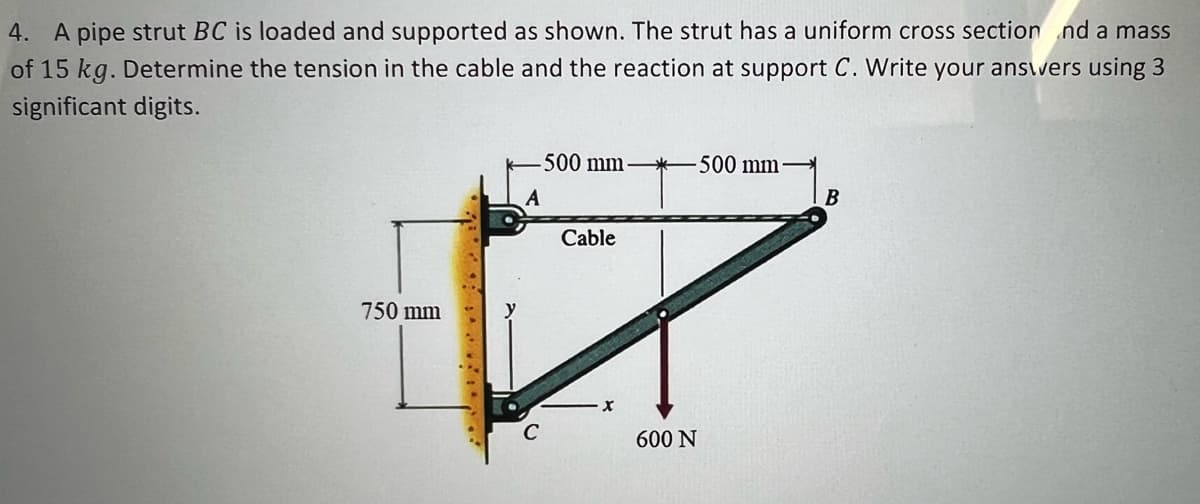 4. A pipe strut BC is loaded and supported as shown. The strut has a uniform cross section nd a mass
of 15 kg. Determine the tension in the cable and the reaction at support C. Write your answers using 3
significant digits.
500 mm
500 mm-
B
Cable
750 mm
600 N
